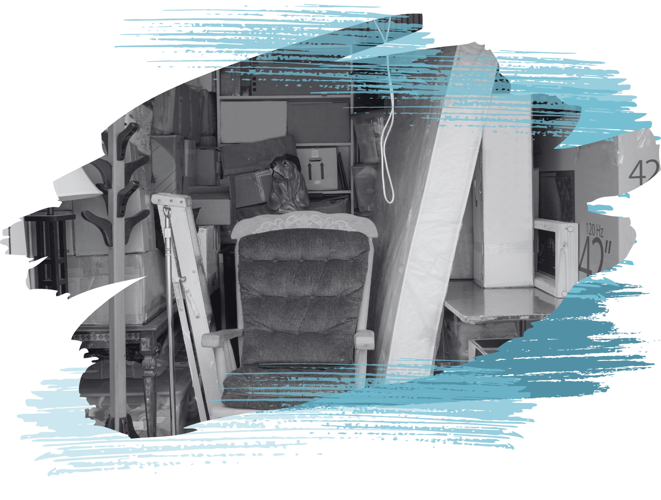 An old armchair surrounded by clutter in a storage unit. A light blue brushstroke frames the scene.