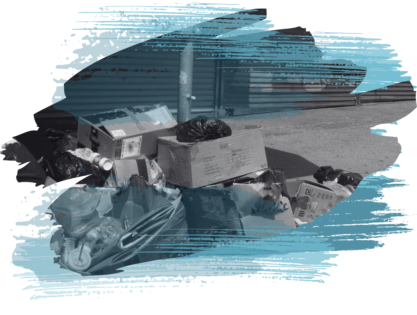 Pile of garbage on concrete, black bags, cardboard boxes, and concrete blocks. Gray and blue tones.