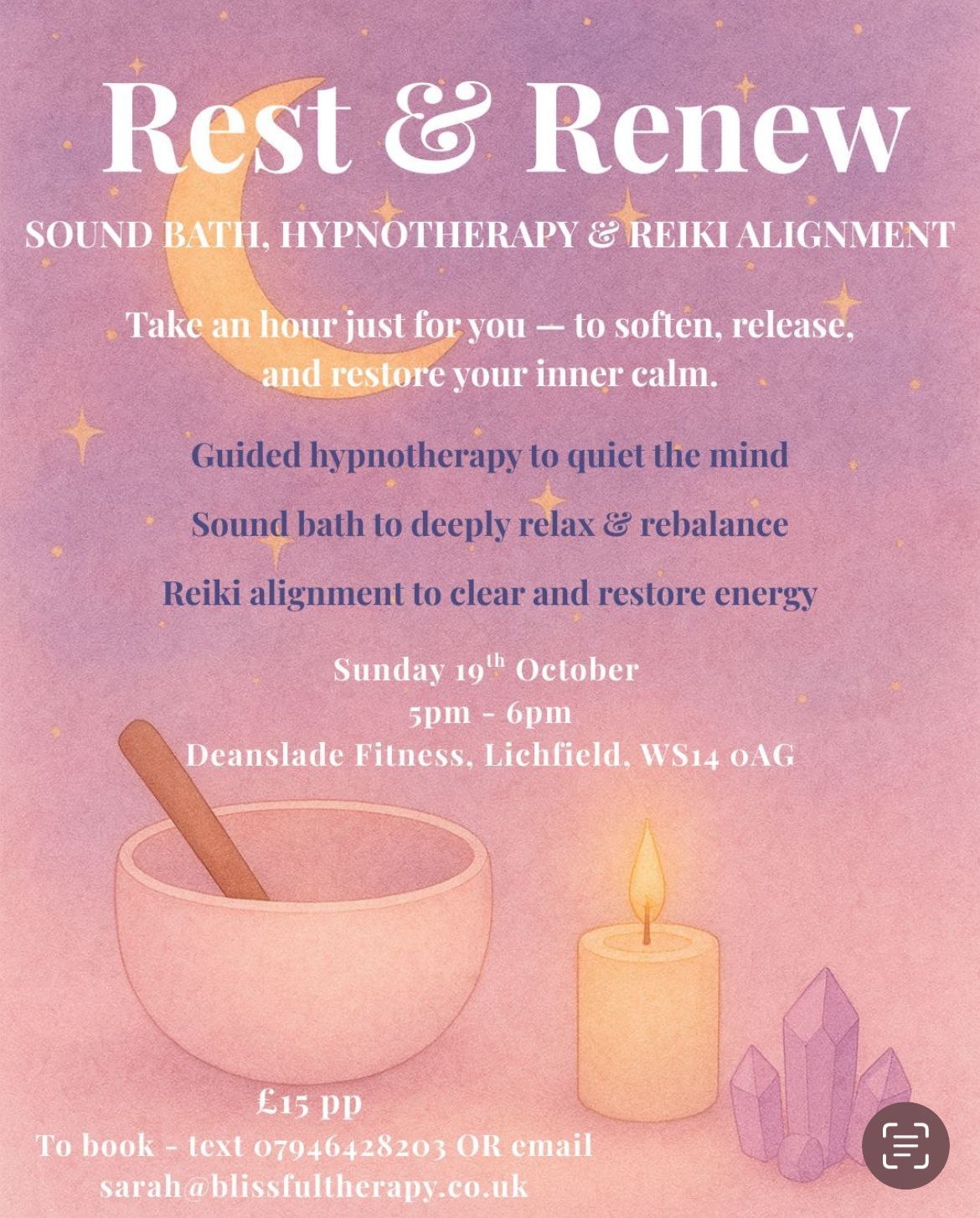 Rest & Renew Hypno Sound Bath with Reiki Alignment — Sunday 19 Oct, 5–6pm, Deanslade Fitness