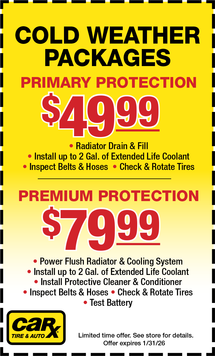 Advertisement for CarX Tire & Auto cold weather packages: primary ($49.99) & premium ($79.99), yellow background.