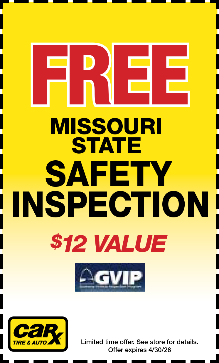 A Car-X coupon offering a free Missouri State Safety Inspection, a $12 value, including the GVIP logo.