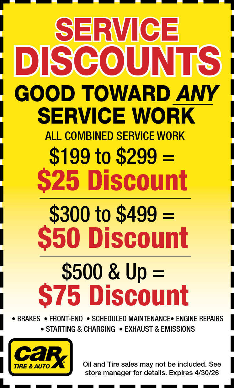 Car-X service discount coupon offering $25 off $199+, $50 off $300+, or $75 off $500+ in service work, expiring 6/30/25.