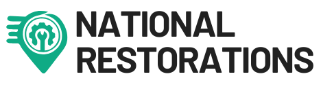 Logo for National Restorations: a green location pin with gear and wrench symbols, next to the company name in black text.