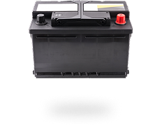 Black car battery with red and black terminals.