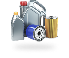 Oil and filter set, featuring oil containers and two filters.