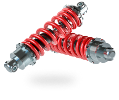 Two red motorcycle shock absorbers with silver components.