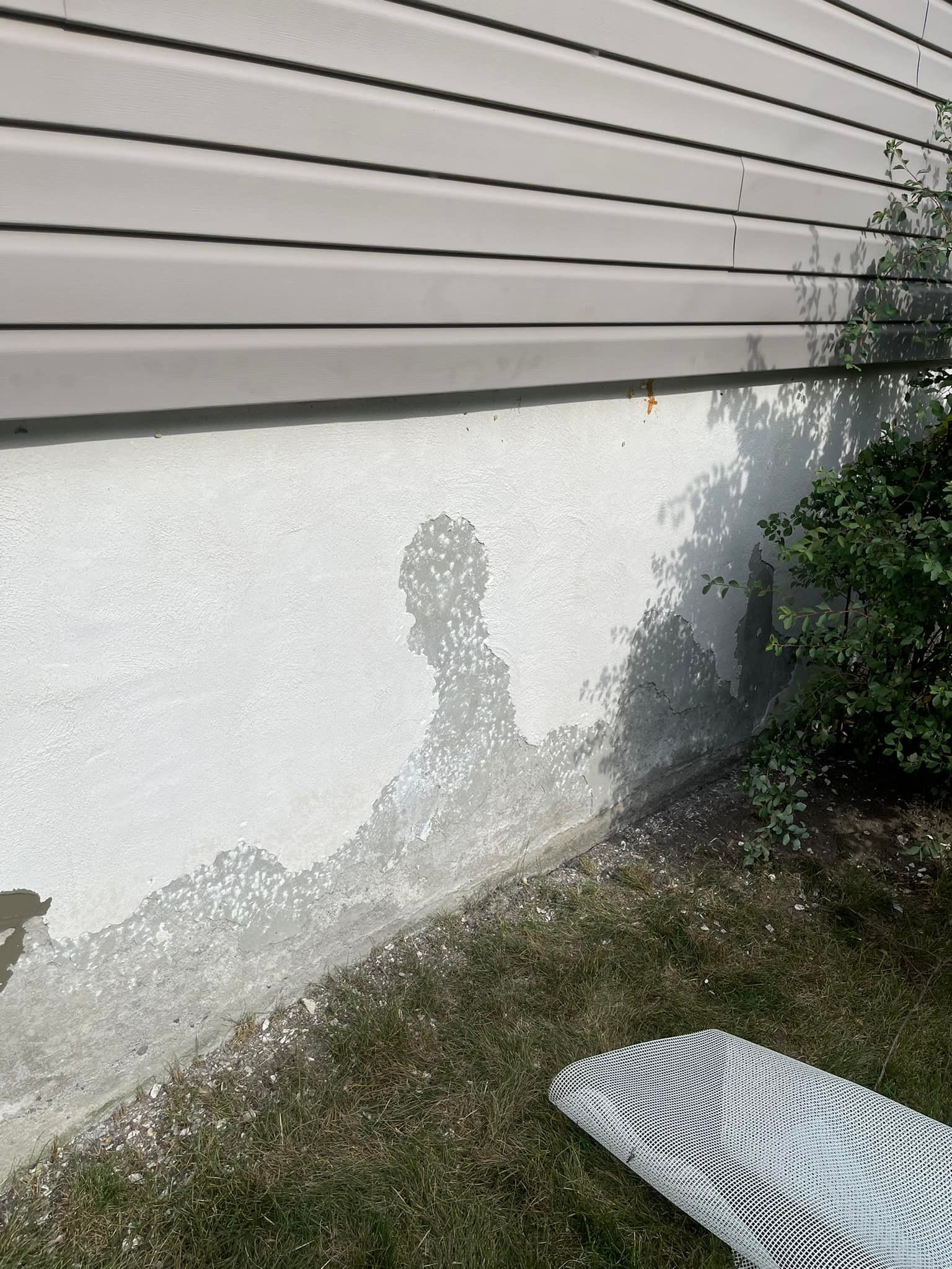 Mur extérieur dont la peinture s'écaille près du sol, à côté de l'herbe et de petits buissons.