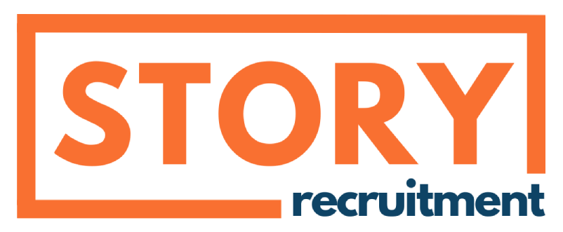 Logo for Story Recruitment, orange text in a box, with