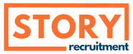 Logo for Story Recruitment, orange text in a box, with 
