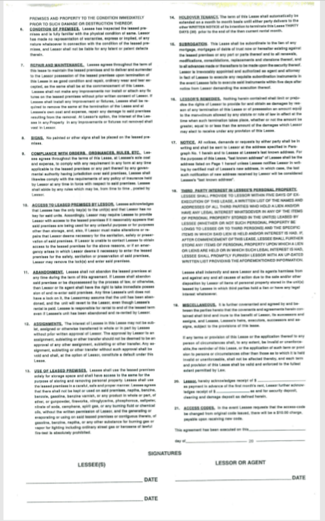Document: Legal text with numbered clauses, a signature line, and date fields.