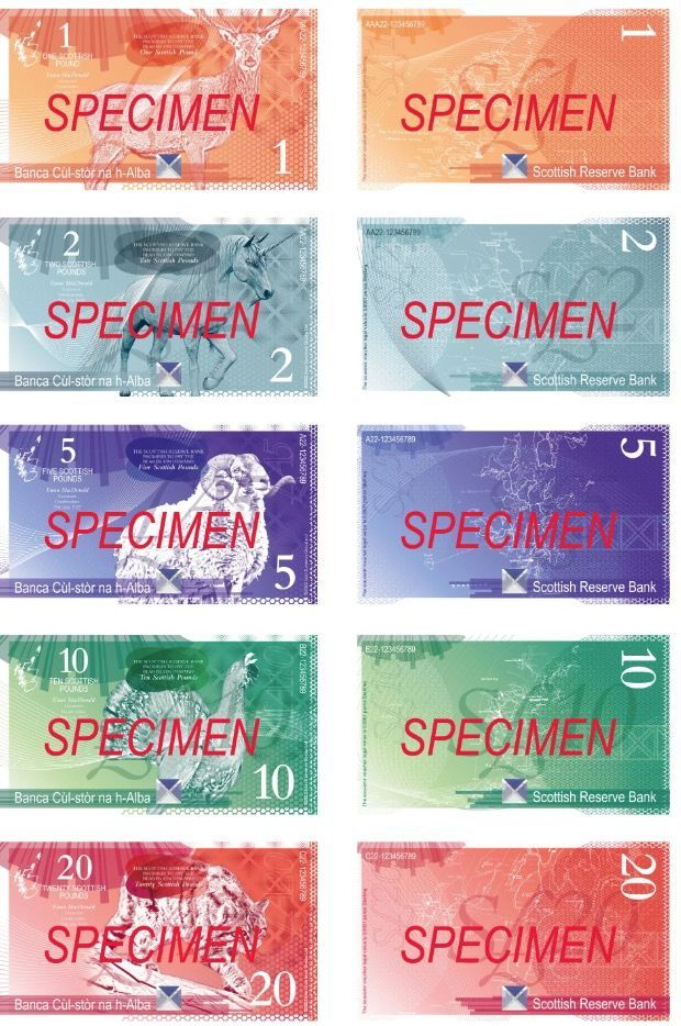 Specimen new banknotes for after Scottish Independence