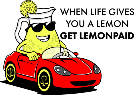 A cartoon of a lemon driving a red car.