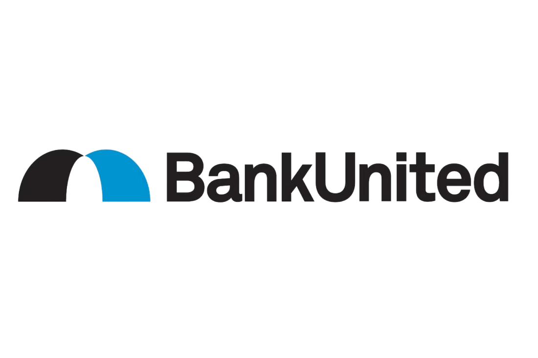 BankUnited logo featuring a black and blue semicircular icon to the left of the black text