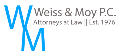 Logo for Weiss & Moy P.C. Attorneys at Law, featuring a bright blue monogram 