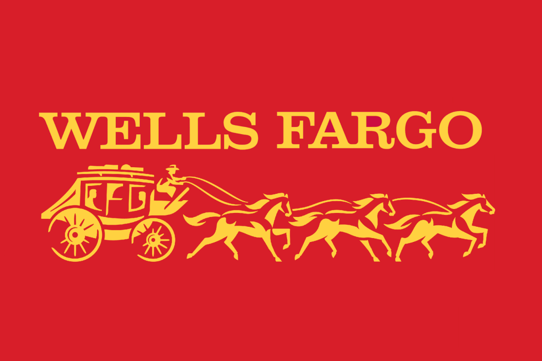 The yellow Wells Fargo logo with a stagecoach and horses on a solid red background.