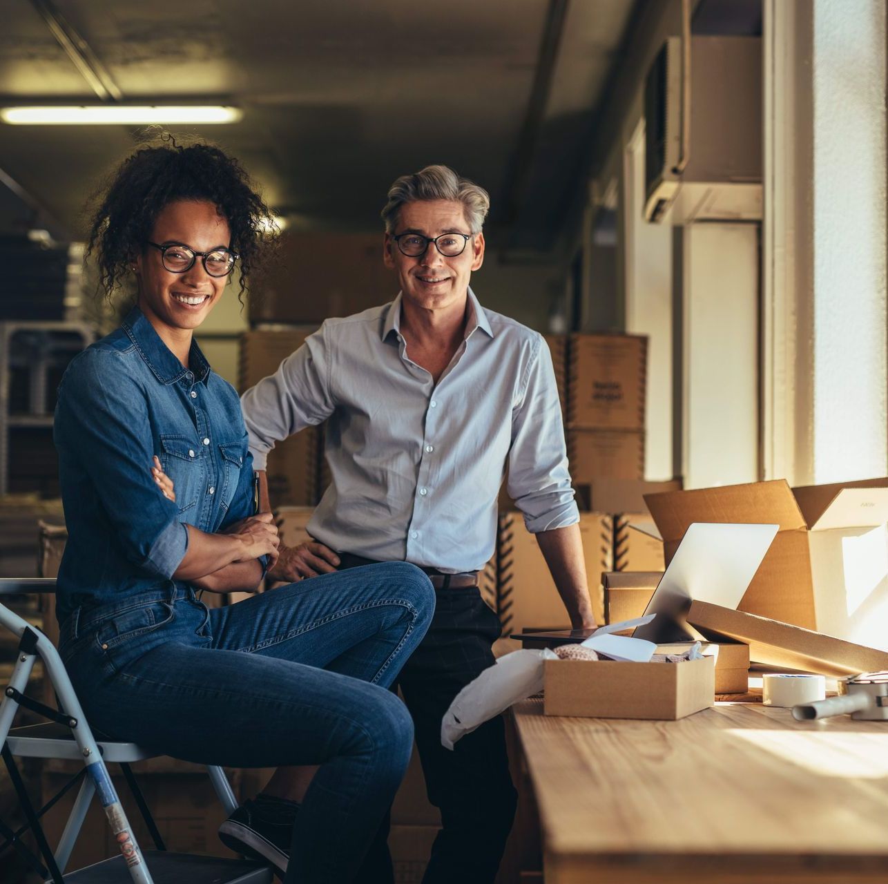 Two colleagues stand in a warehouse with shipping boxes, one seated on a step ladder, both smiling at the camera.
