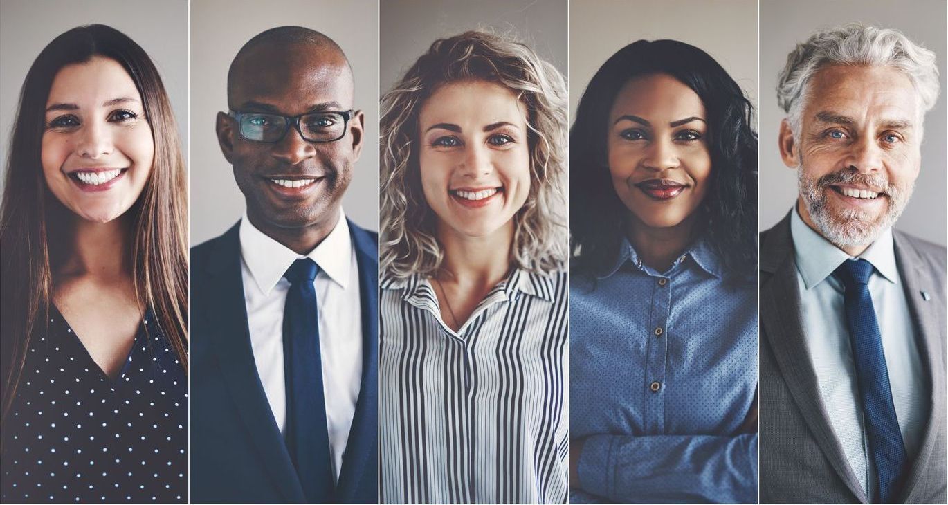 Five diverse professionals smiling at the camera in a side-by-side vertical collage.