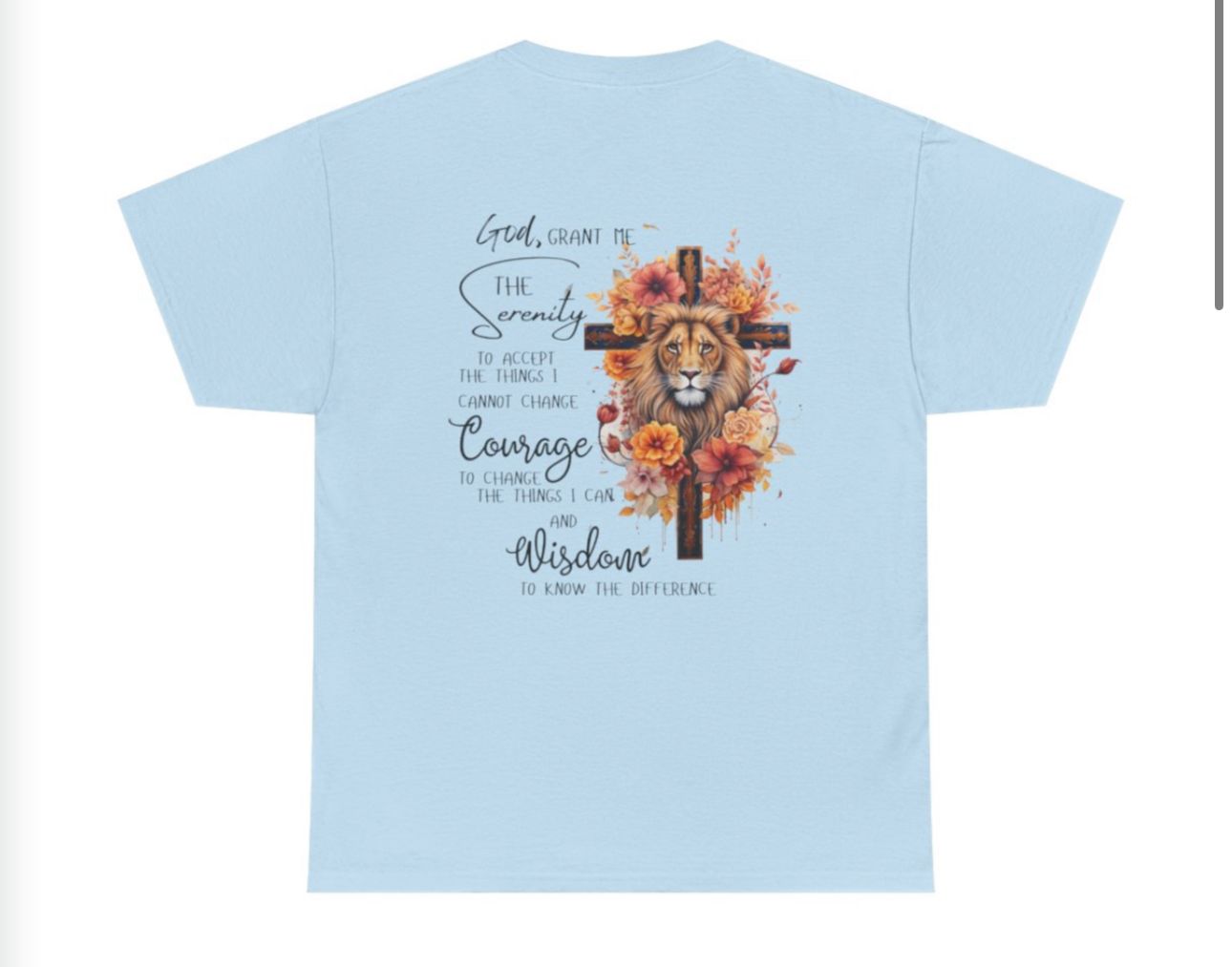 A light blue t-shirt with a cross and a lion on it