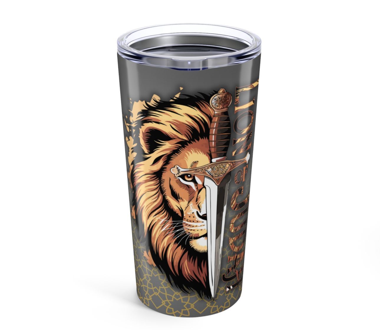 A stainless steel tumbler with a lion on it