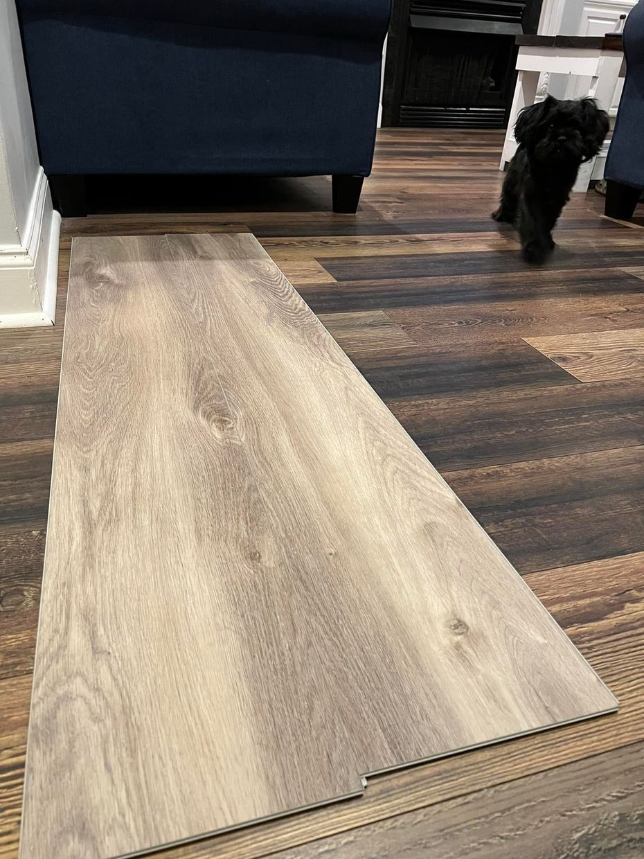 A dog is standing on a wooden floor next to a rug.