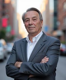 Man in a gray suit with arms crossed, standing in a city street.