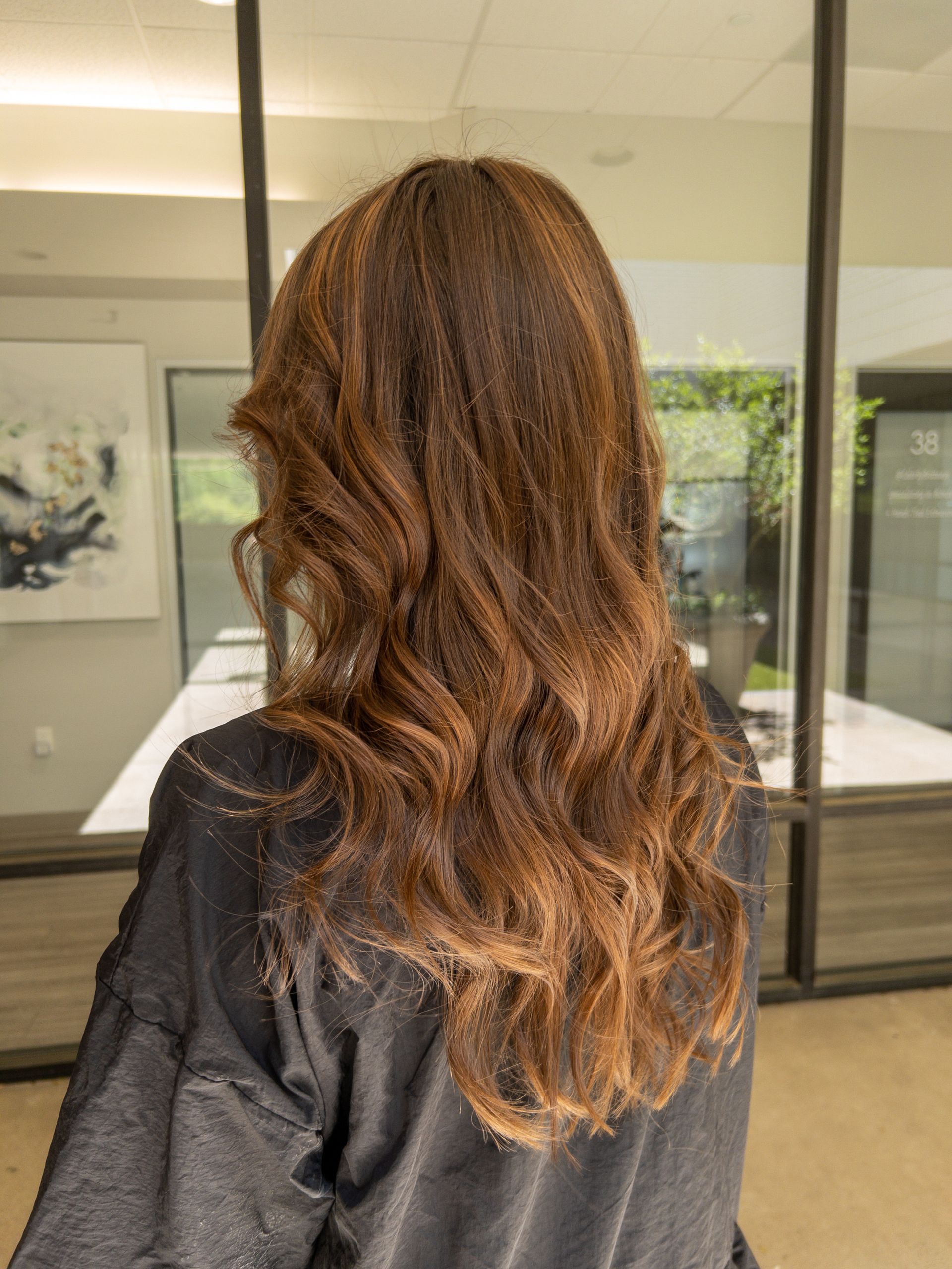 A back view of long, wavy, auburn hair with subtle highlights in a bright, modern office space.