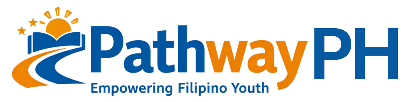 Logo for Pathway: Empowering Filipino Youth, featuring a blue book with an orange sun, stars, and a path graphic.