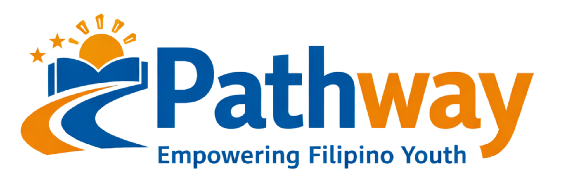 Logo for Pathway: Empowering Filipino Youth, featuring a blue book with an orange sun, stars, and a path graphic.