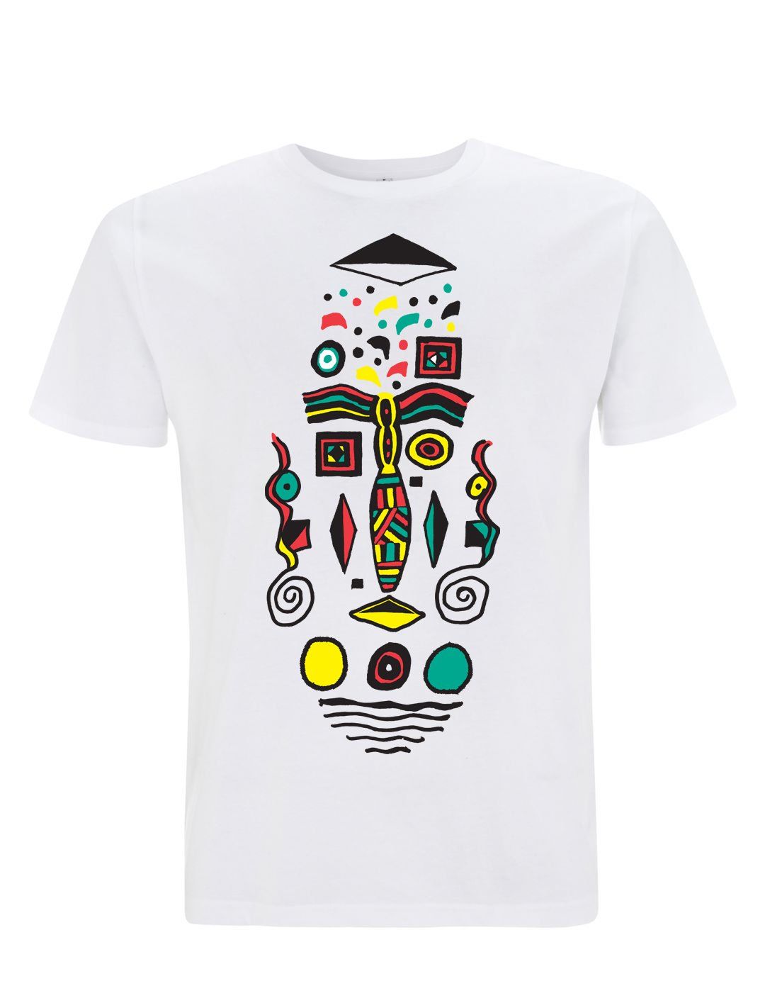 white t-shirt with colored image on it