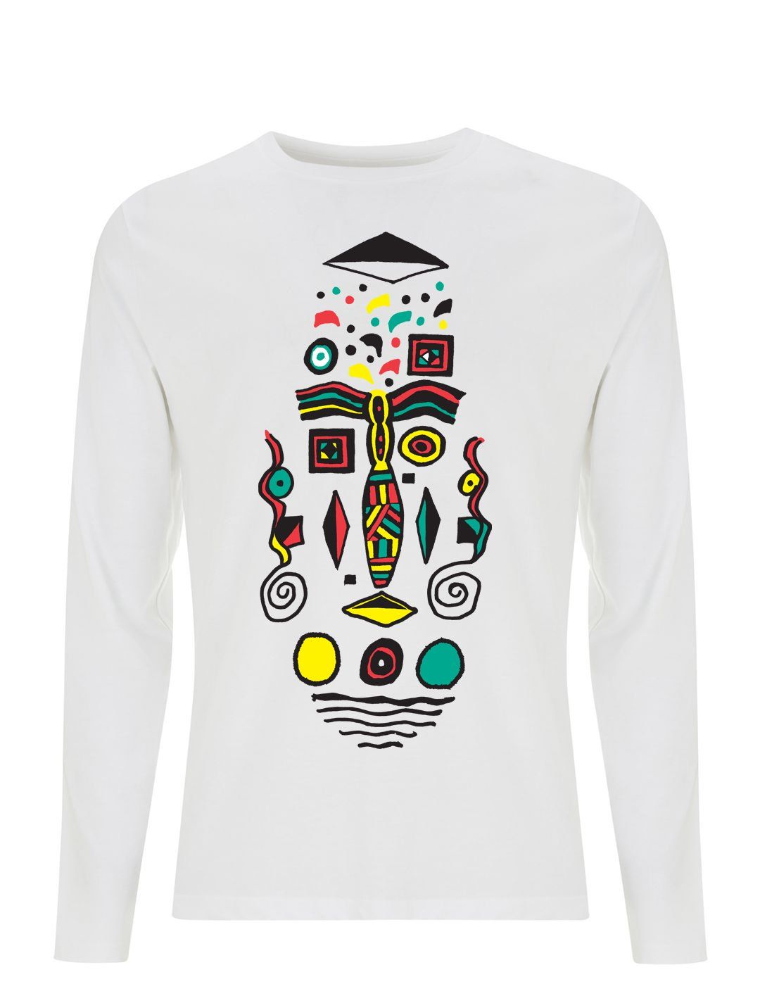 white long sleeve shirt with colored print