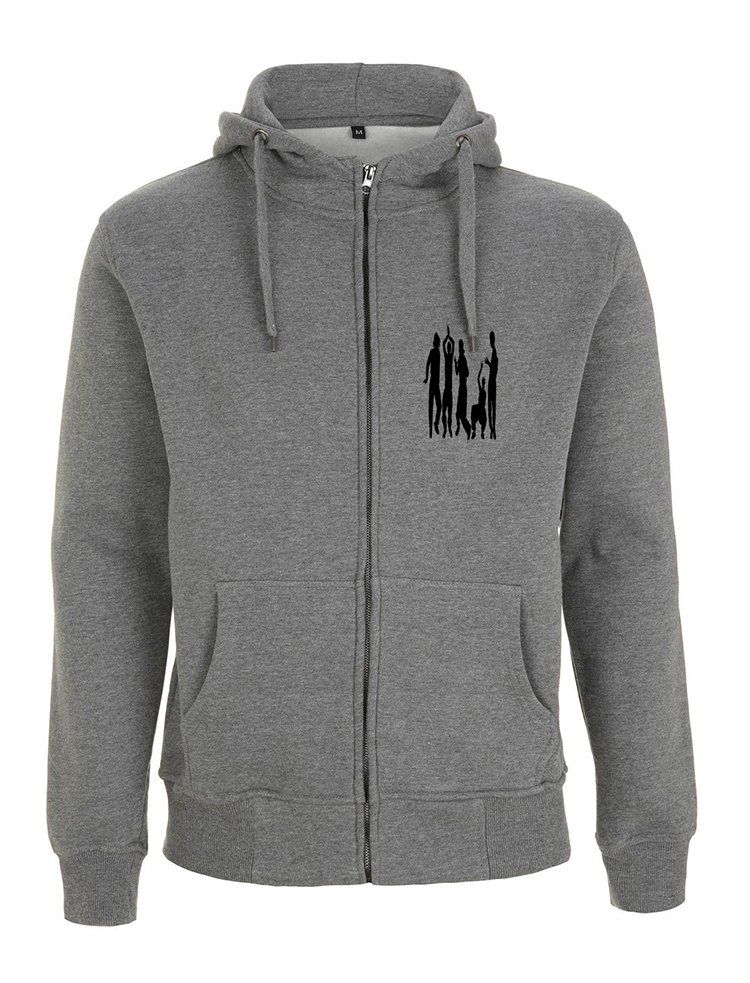 gray hoodie with black print on chest