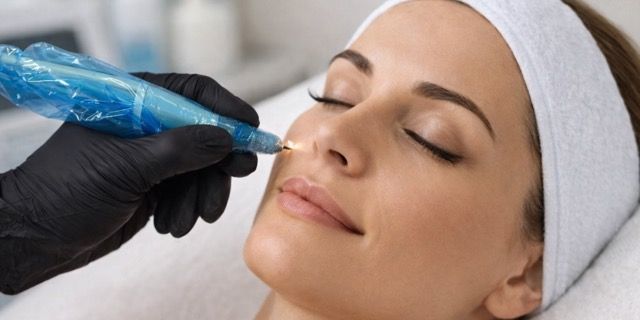 Cosmetic injector administering facial treatment to a relaxed client with eyes closed