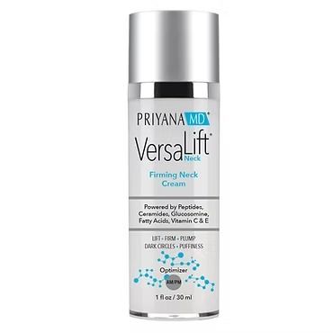 PRIYANA MD VersaLift Neck Firming Neck Cream bottle with silver cap on white background