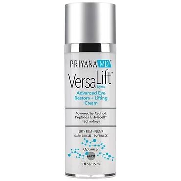 Priyana MD VersaLift Advanced Eye Restore + Lifting Cream bottle with silver cap on white background