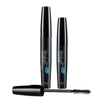 Two black mascara tubes with one wand applicator on a white background