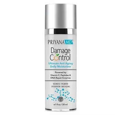 Priyana MD Damage Control anti-aging daily moisturizer bottle with silver cap on white background