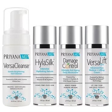 Four Priyana MD skincare bottles and a pump bottle on a white background
