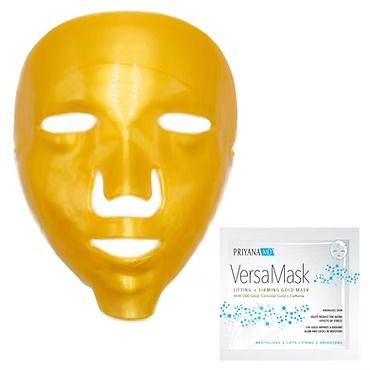 Gold facial mask with eye, nose, and mouth openings beside a VersaMask product packet