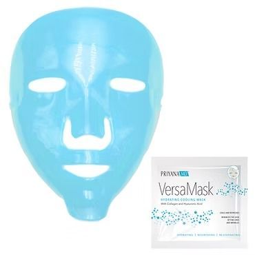 Blue facial sheet mask and VersaMask packaging on white background