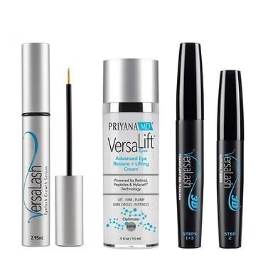Four cosmetic tubes and a bottle of eyelash/eyebrow growth serum on a white background