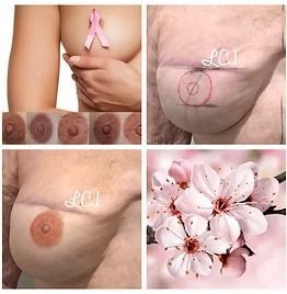 Pink ribbon breast cancer awareness collage with breast exam and close-up breast images, plus pink flowers