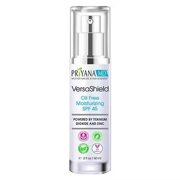 PRIVANA MD VersaShield oil-free moisturizing SPF 45 sunscreen bottle on white background