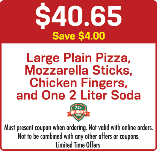 Coupon for a pizza combo: large plain pizza, mozzarella sticks, chicken fingers, and a 2-liter soda for $40.65 (save $4).
