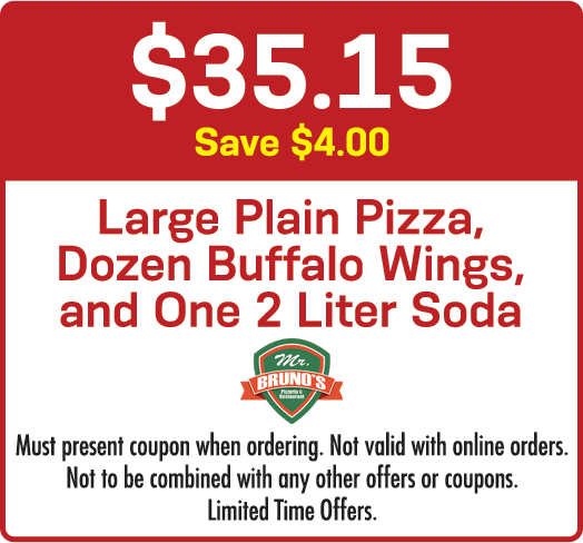Coupon for $35.15 at Mr. Bruno's: large pizza, wings, and soda. Save $4.00. Red background.