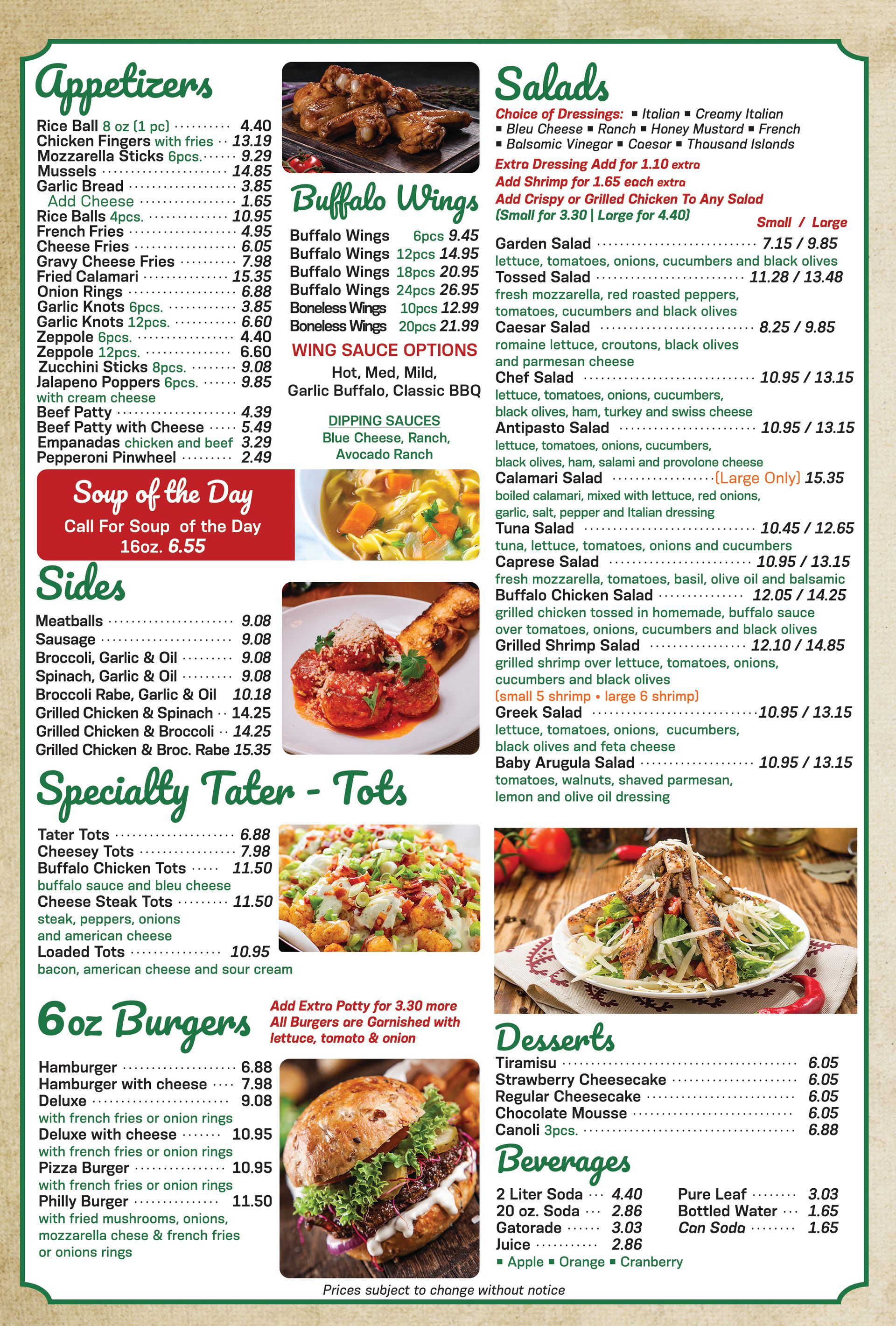 Menu displaying appetizers, sides, burgers, salads, desserts, and beverages; photos alongside some items.