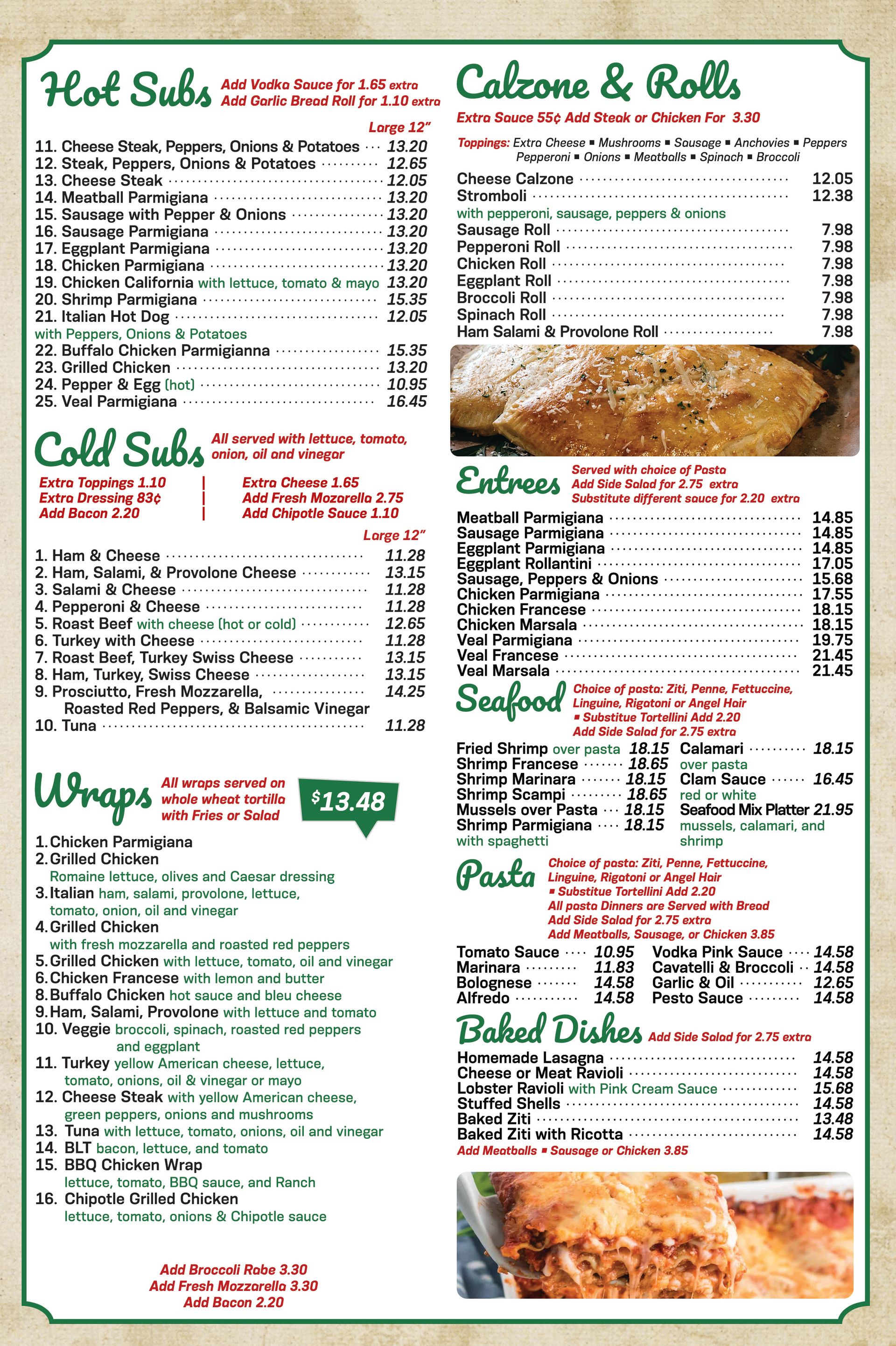 Menu for a restaurant with various food options, including subs, calzones, entrees, seafood, pasta, and baked dishes.