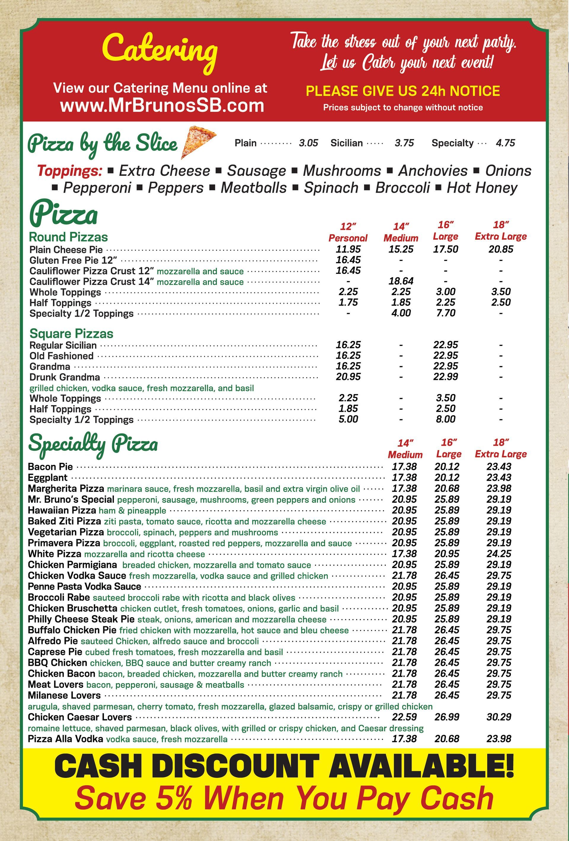 Menu board for Mr. Grano's Pizzeria, including catering info, pizza by the slice, and specialty pizzas.
