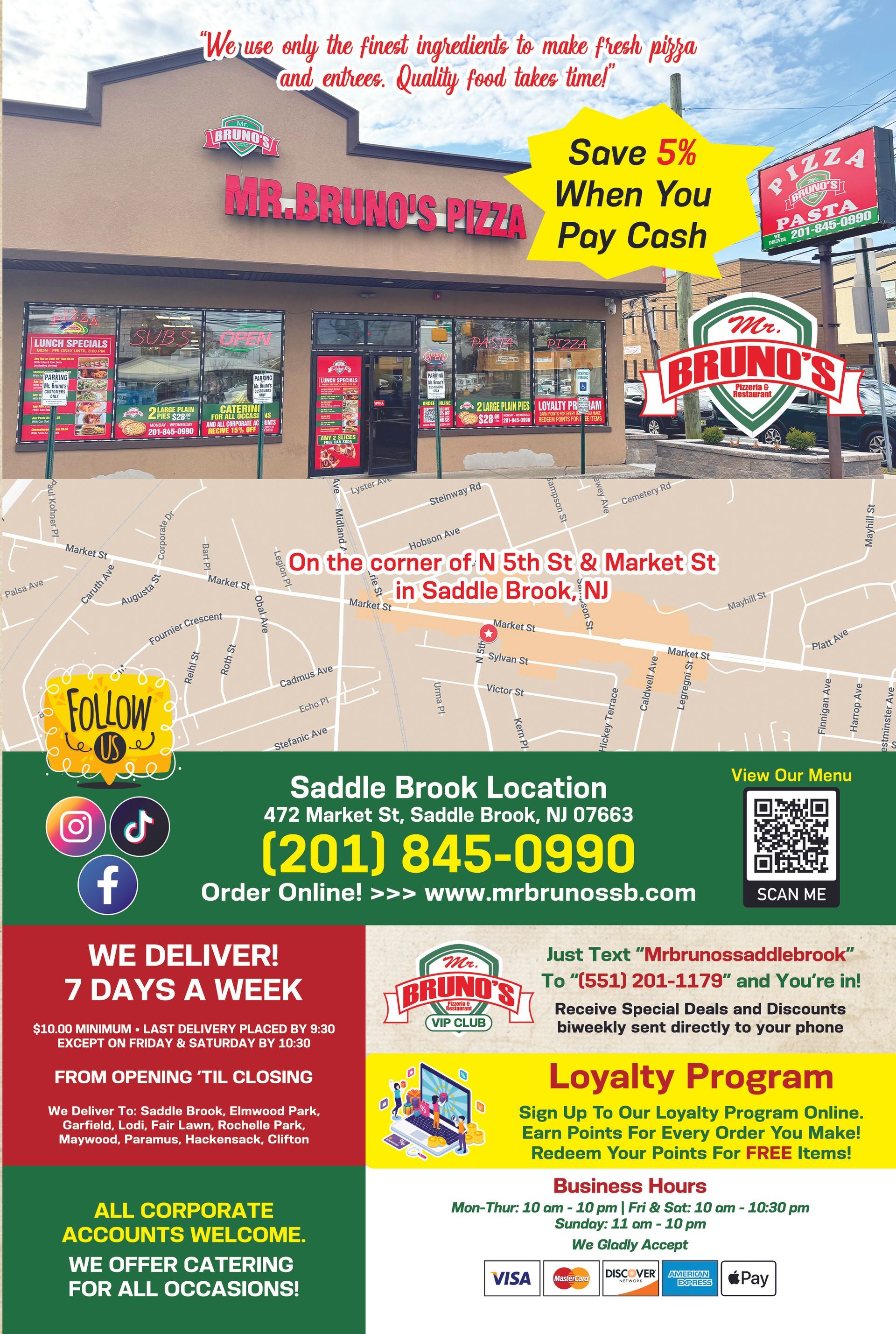 Advertisement for a Mr. Bruno's Pizza restaurant, includes address, phone number, and a discount for cash.