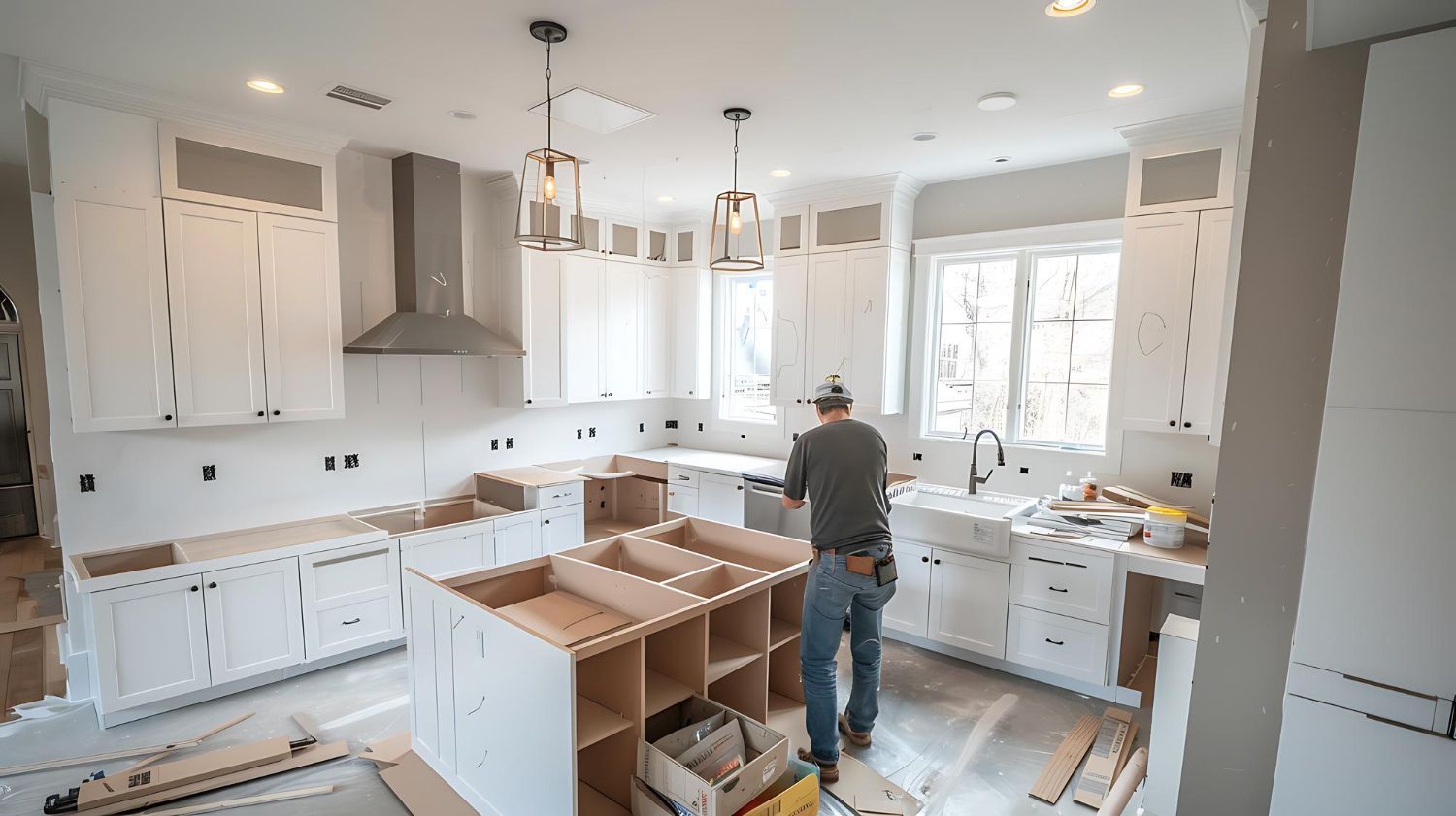 A man is standing in a kitchen under construction.