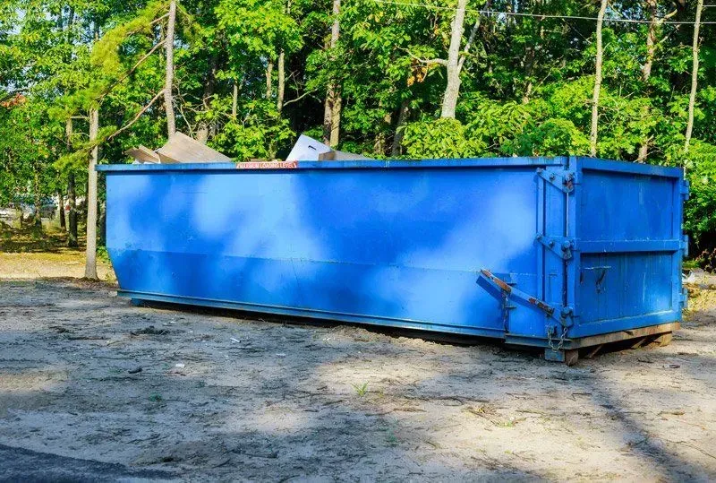 Blue rectangular dumpster on a gray surface with trees in the background.